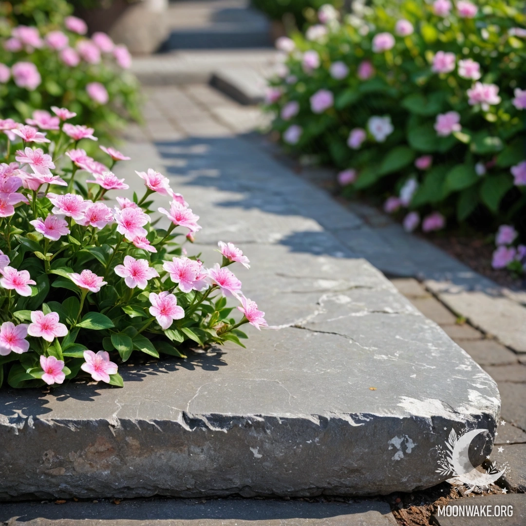 Старый каменный бордюр, за которым растут маленькие белые и розовые цветы.