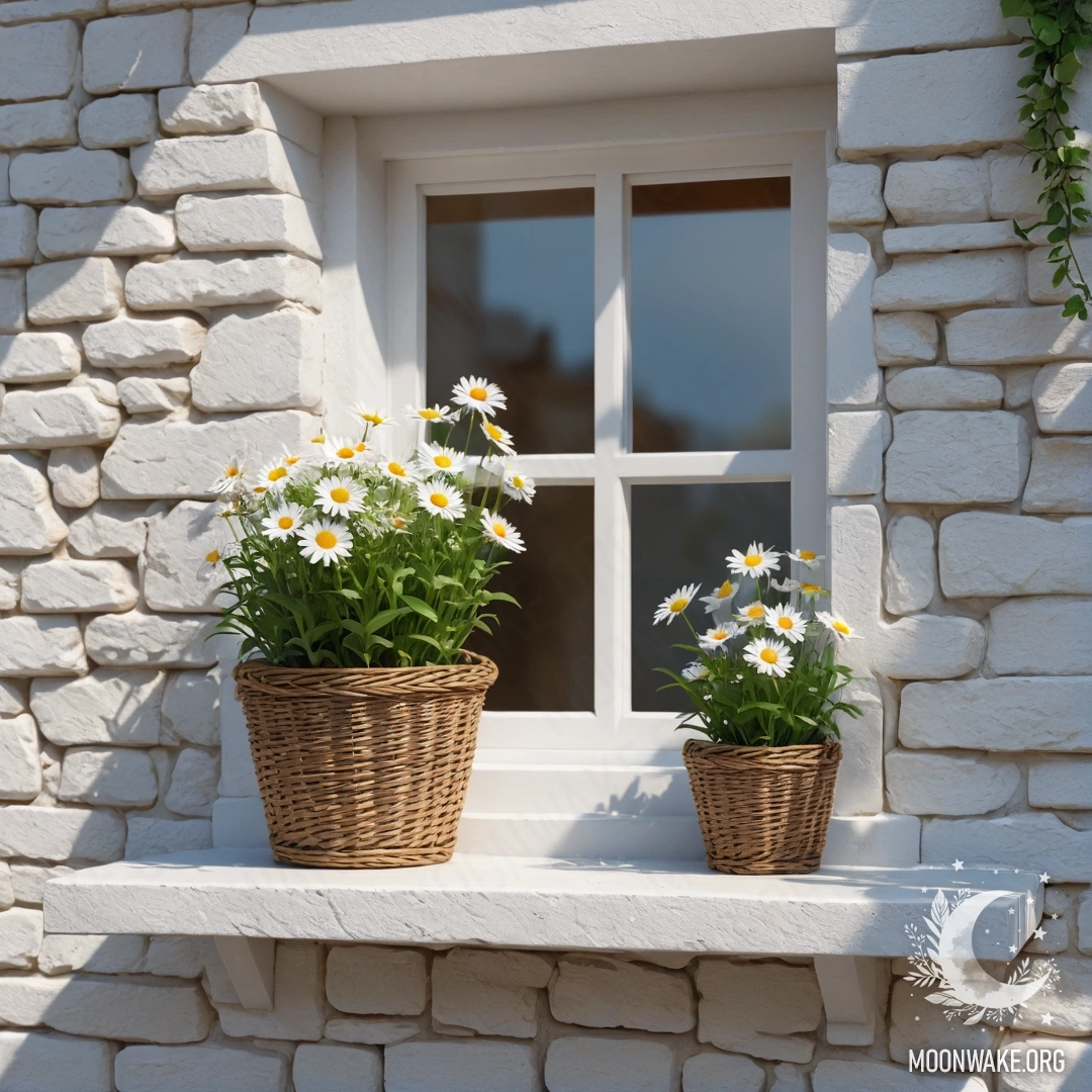 Фотореалистичный вид на белую каменную стену с открытым окном, на подоконнике находится корзина с ромашками и гирлянда света.