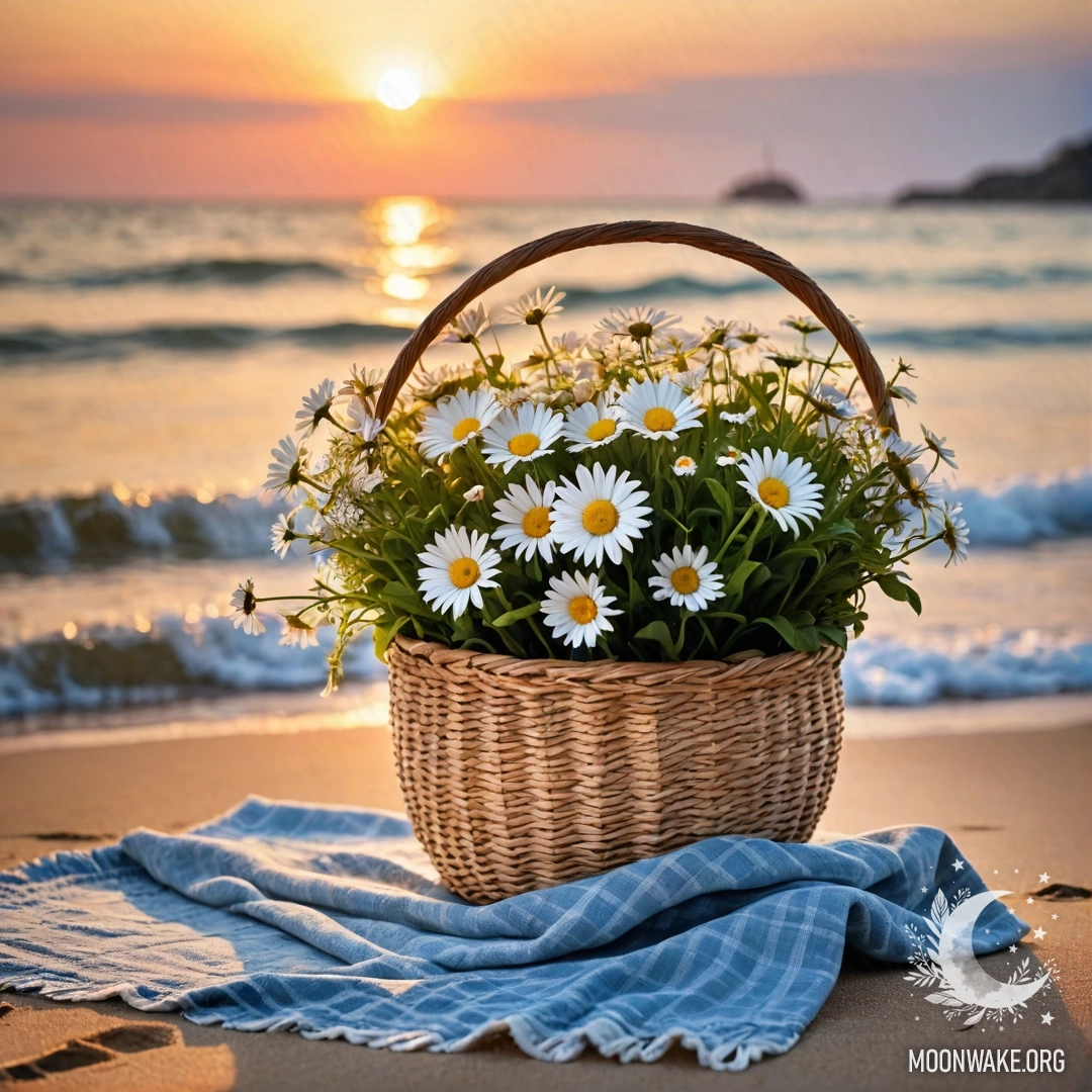 Соломенная сумка с синей скатертью и букетом ромашек на песчаном пляже на закате, с морем и гирляндами на фоне.