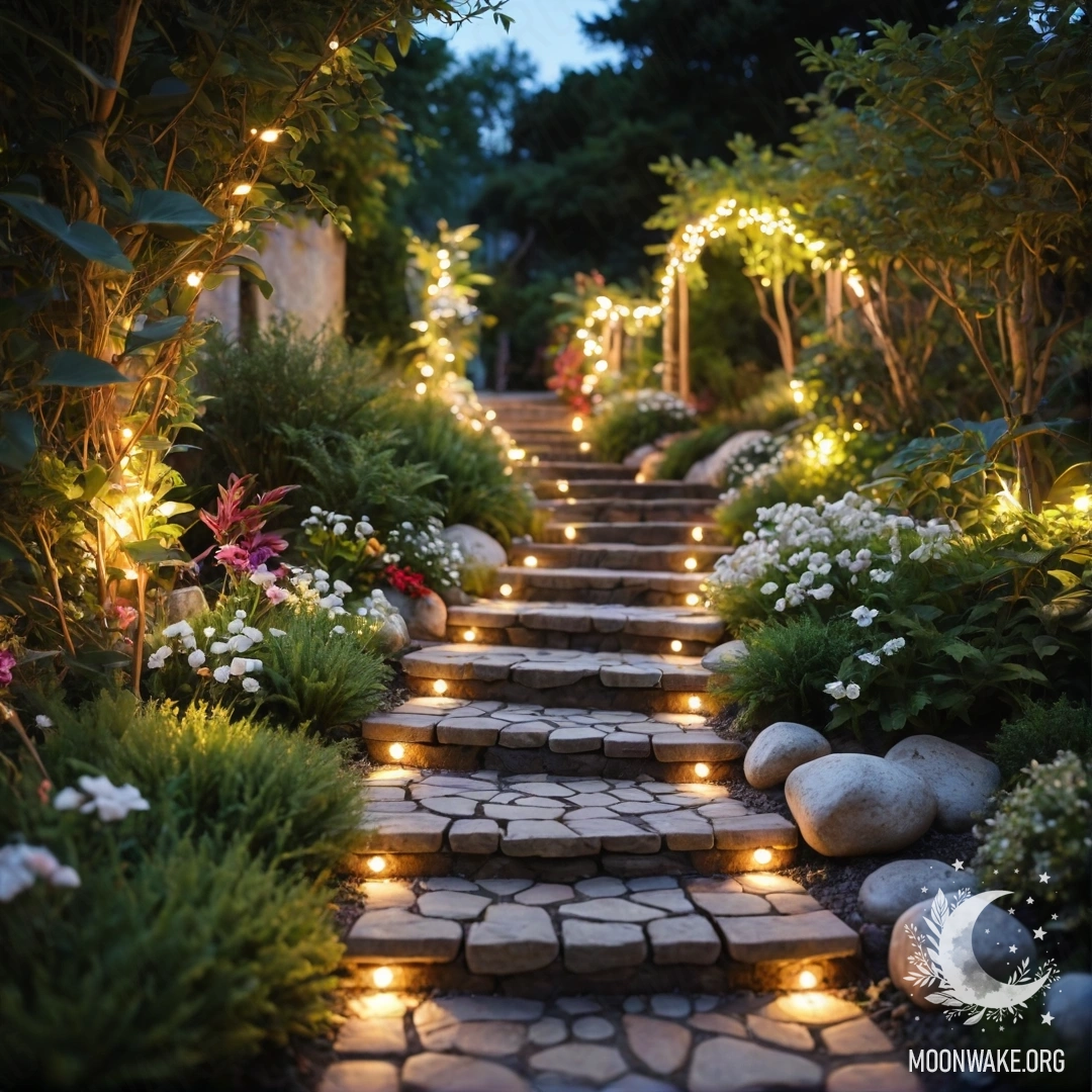 Красивый сад, украшенный световыми гирляндами и каменной дорожкой, ведущей к деревянной лестнице на закате.