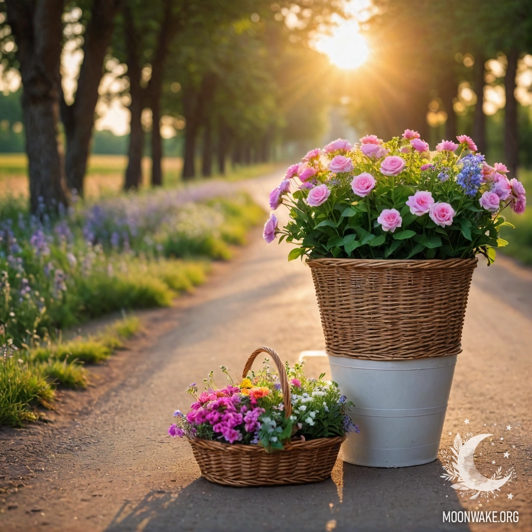 Живописная грунтовая дорога с корзиной цветов и размытым фоном деревьев на закате.