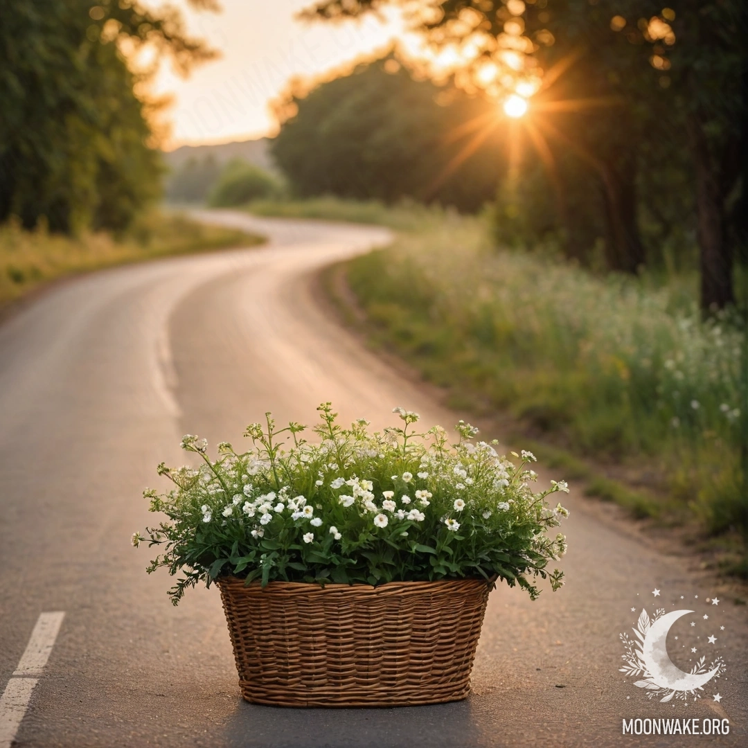 Живописная грунтовая дорога на закате с кошиком цветов на ней.