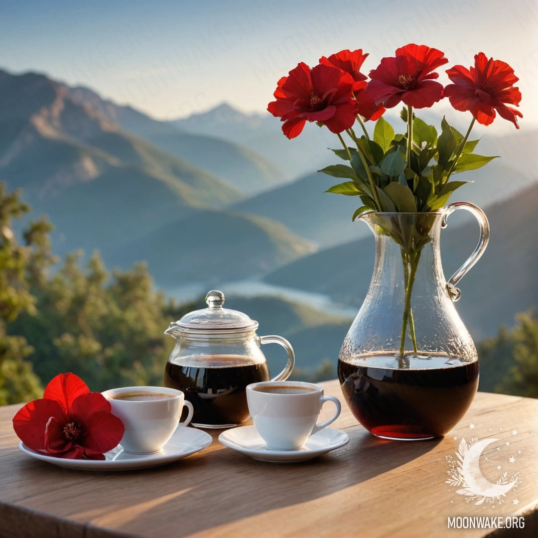 Милый деревянный стол с баночкой красных цветов, кофейником и чашками на фоне гор в момент заката.