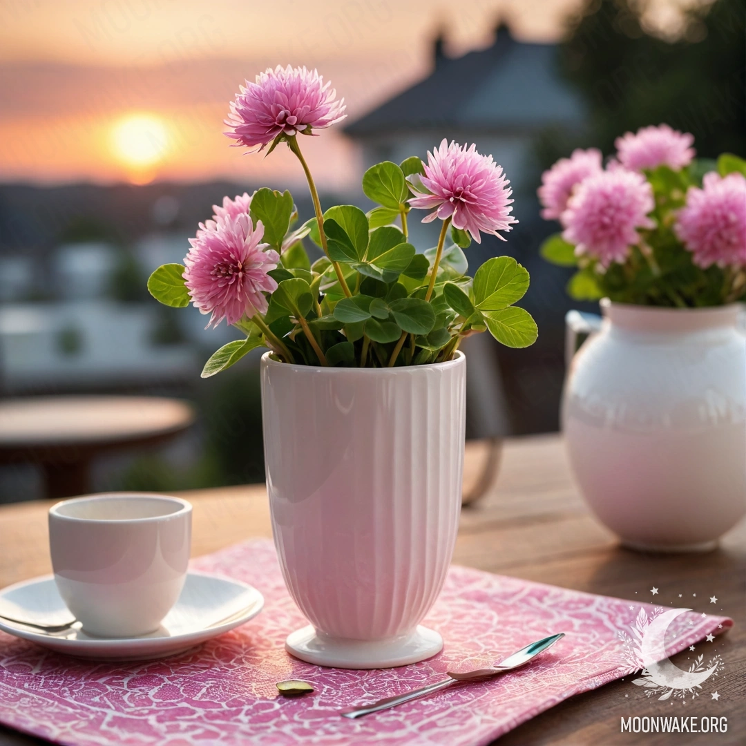 Круглая соломенная салфетка с белыми фарфоровыми чашками и цветком клёна в вазе на закате.