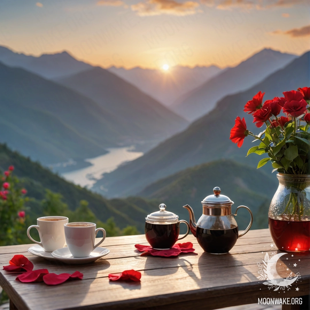 Красивый деревянный стол с банкой красных цветов, кофейником и чашками на фоне гор во время заката.