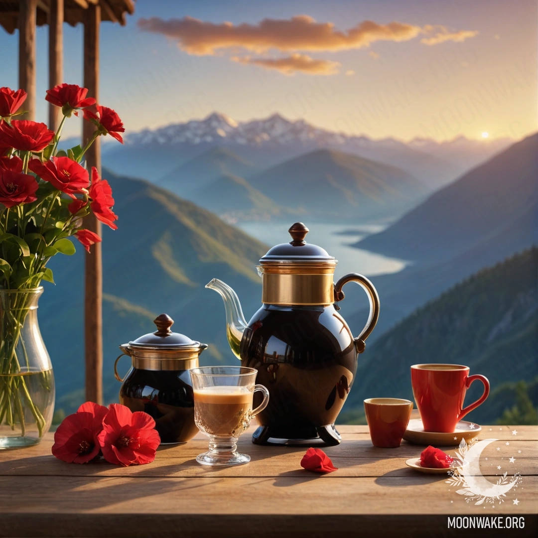 Деревянный стол с красными цветами, кофейником и чашками на закате, с горами на заднем плане.