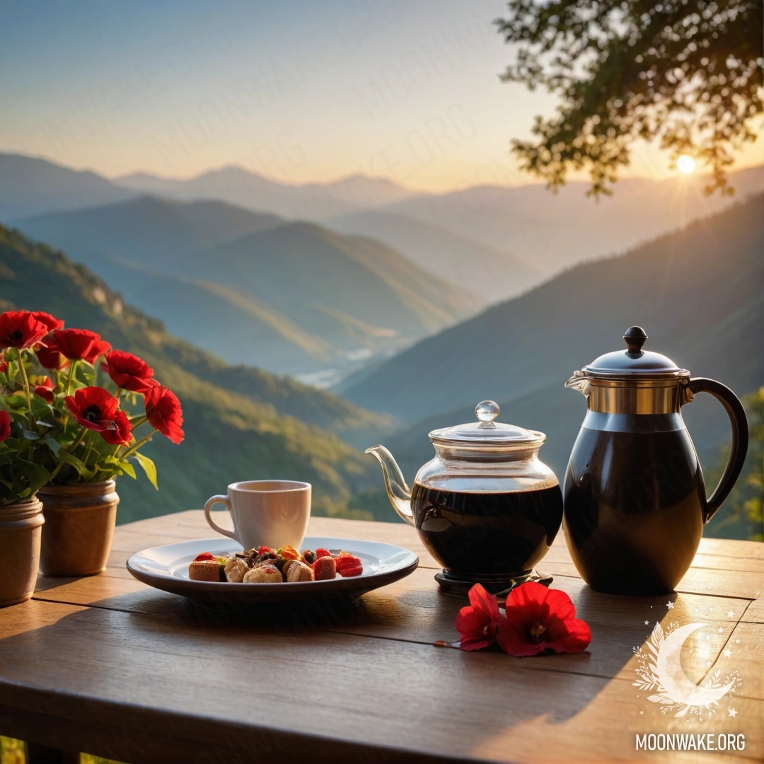Милый деревянный стол с банкой красных цветов, кофейником и чашками на фоне заката гор.