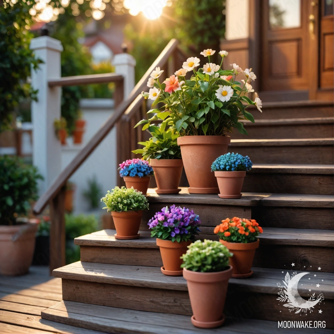 Деревянная лестница, украшенная цветочными горшками на закате.