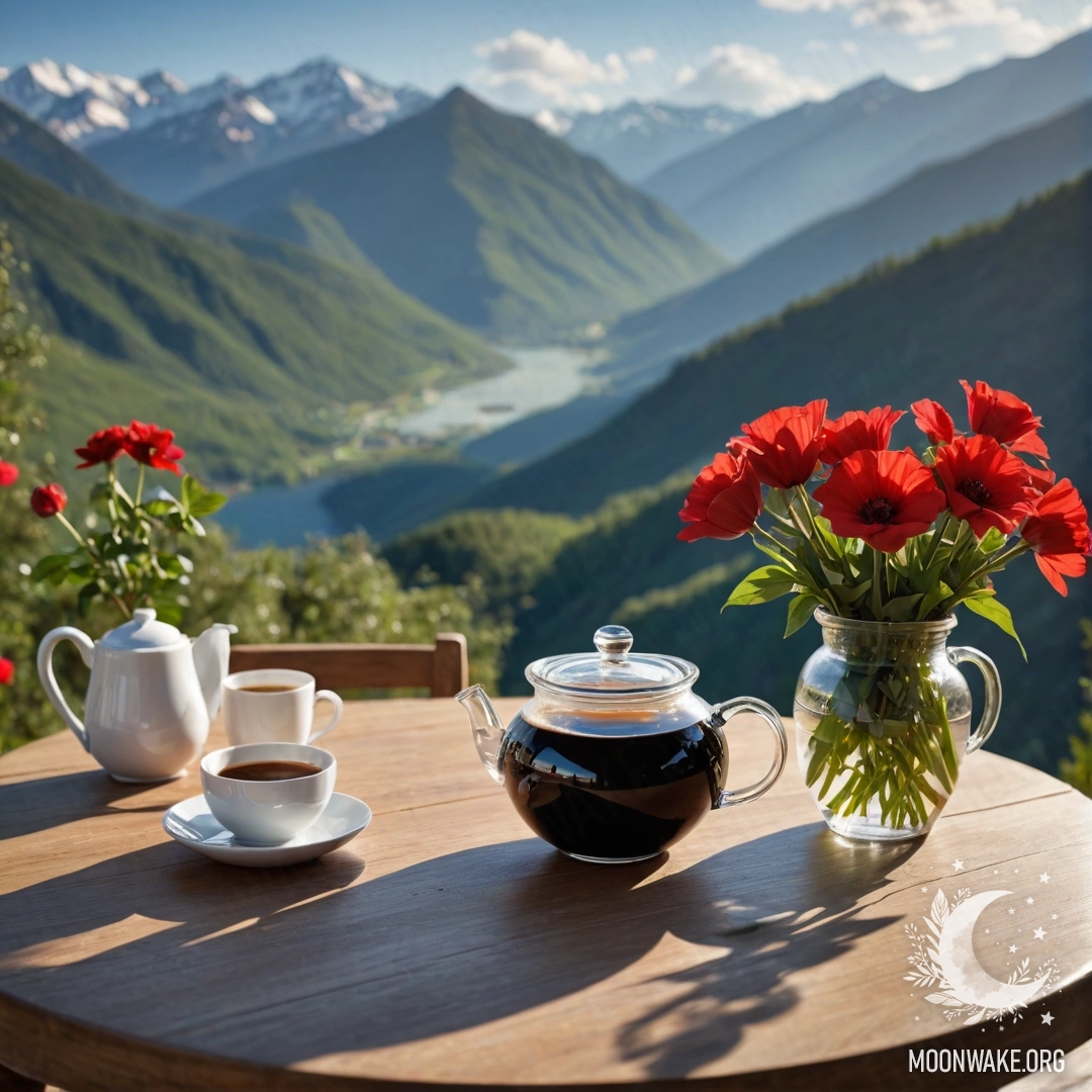 Деревянный стол с банкой красных цветов и кофейником с чашками на фоне гор, освещенный солнечными лучами.