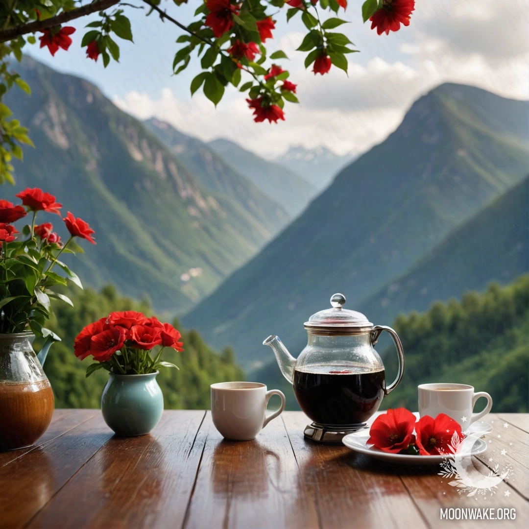 Красивый деревянный стол с вазой красных цветов, кофейником и чашками под дождём, на фоне величественных гор.