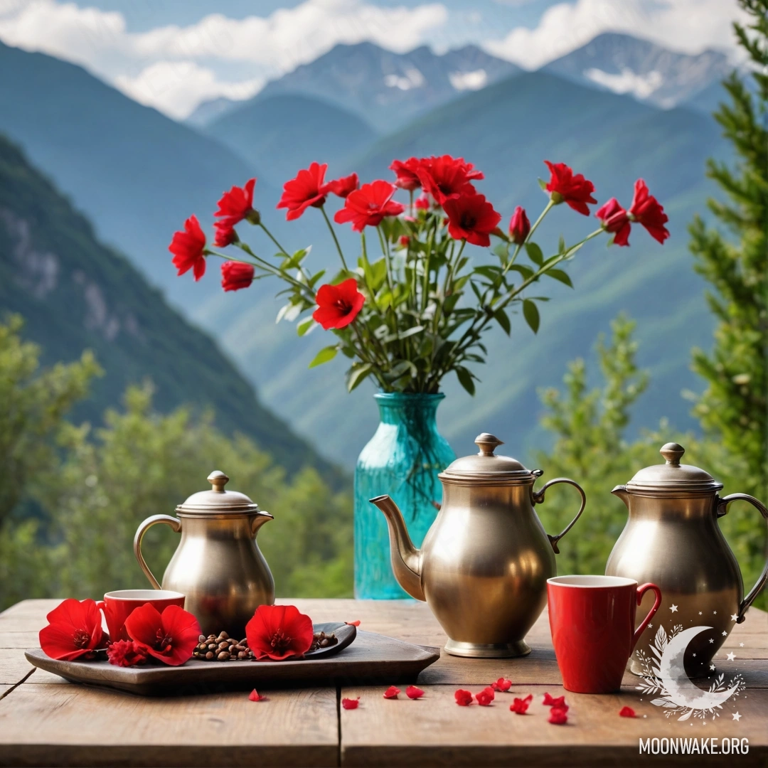 Абстрактный деревянный стол на фоне гор, украшенный вазой с красными цветами, кофейником и чашками, окружёнными гирляндой света.