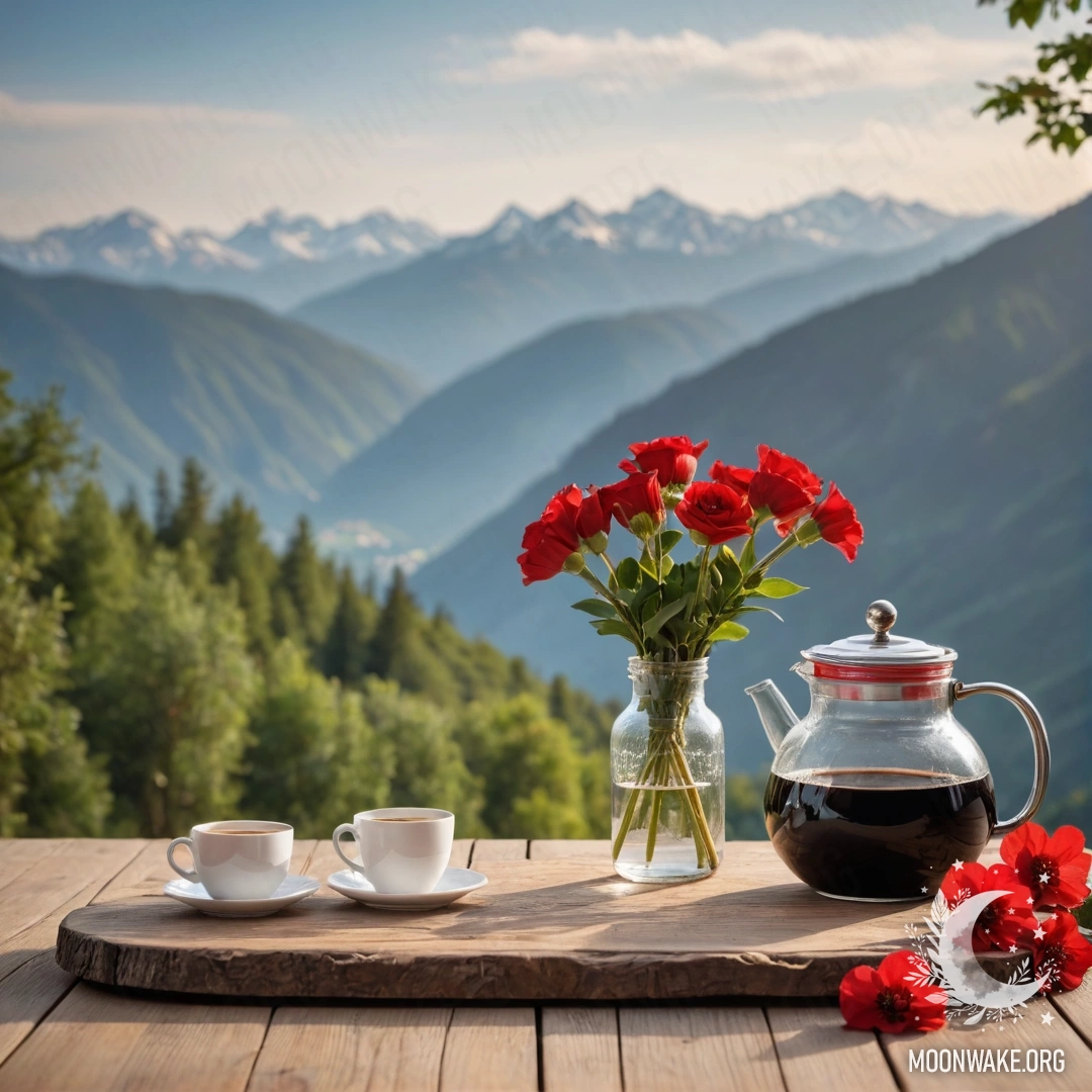 Фотореалистичное изображение деревянного стола с банкой красных цветов, кофейником и чашками с гирляндой на фоне гор.