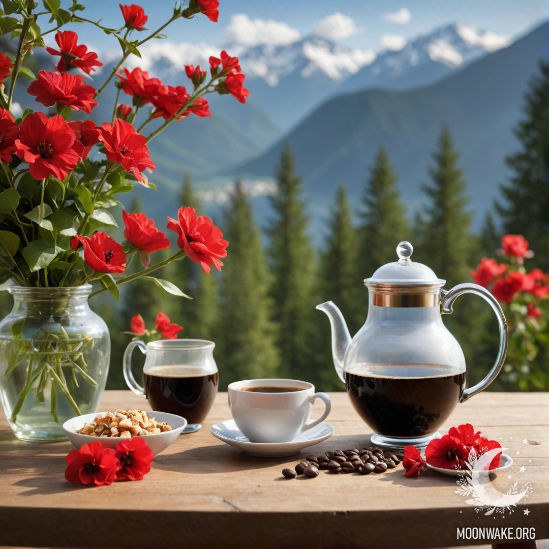 Фотореалистичное изображение деревянного стола с банкой красных цветов, кофейником и чашками на фоне гор.