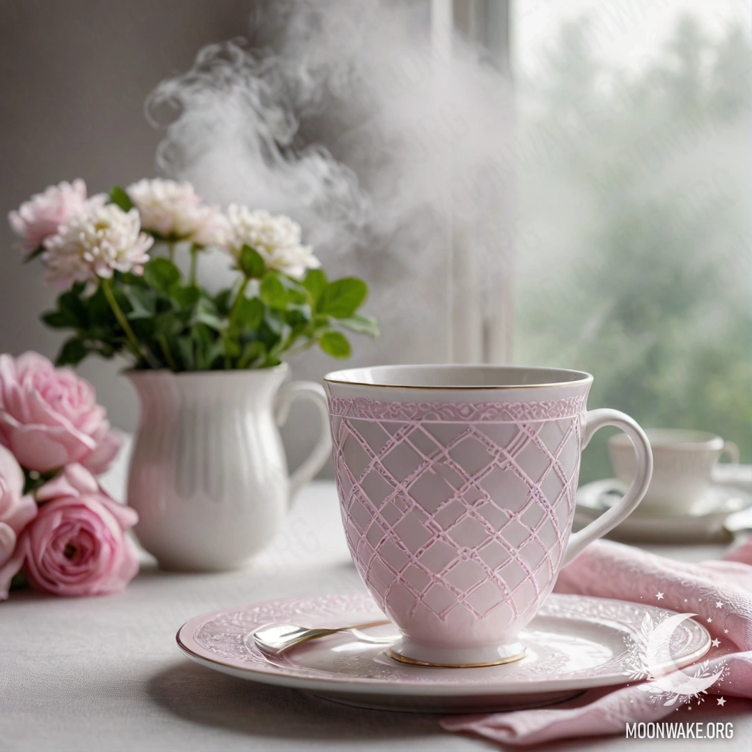 Круглая соломенная салфетка с белыми фарфоровыми чашками с розовым узором, детка в белой вазе, всё затянуто густым туманом.