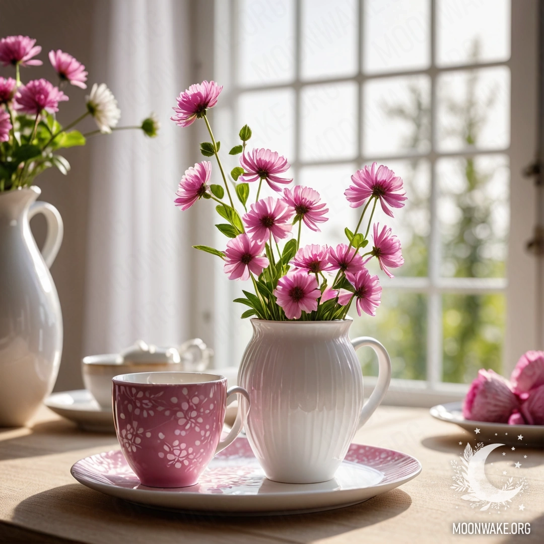 Круглая соломенная салфетка с белыми фарфоровыми чашками с розовым узором и клевером в белой вазе, освещёнными мягкими солнечными лучами.