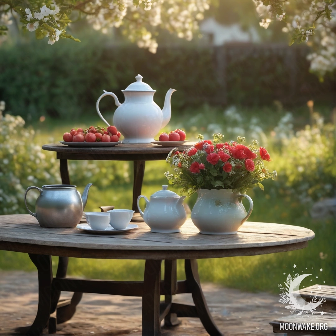 Старинный стол с чашками, чайником, ягодами и цветами под цветущей яблоней на закате.