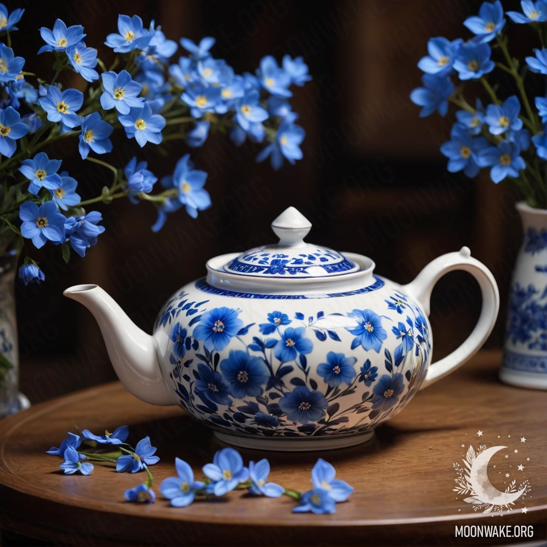 Милый круглый деревянный стол с фарфоровым чайником, наполненным голубыми цветами, в спокойной ночной атмосфере.
