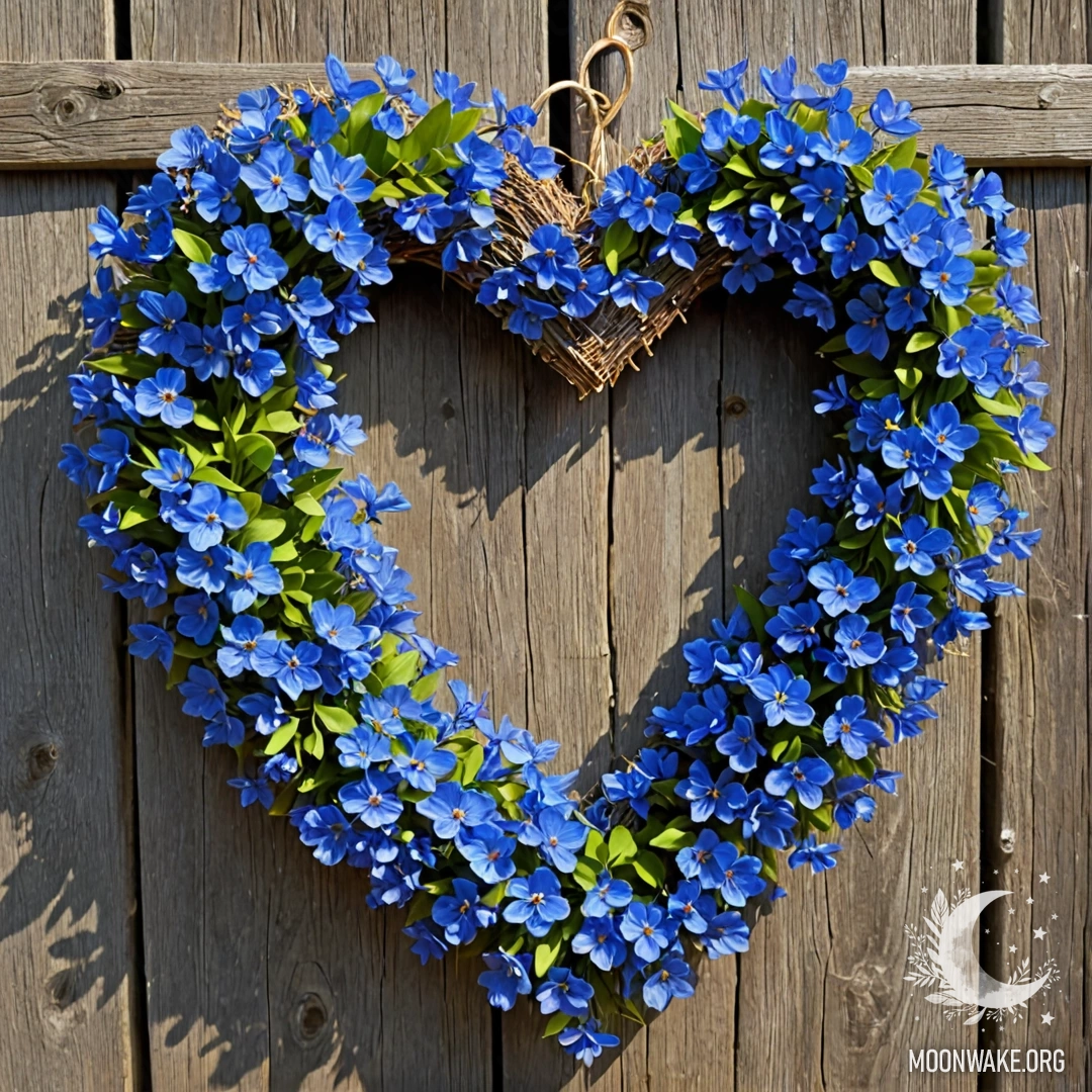 Круглый деревянный стол с фарфоровым чайником, наполненным синими цветами, на закате.