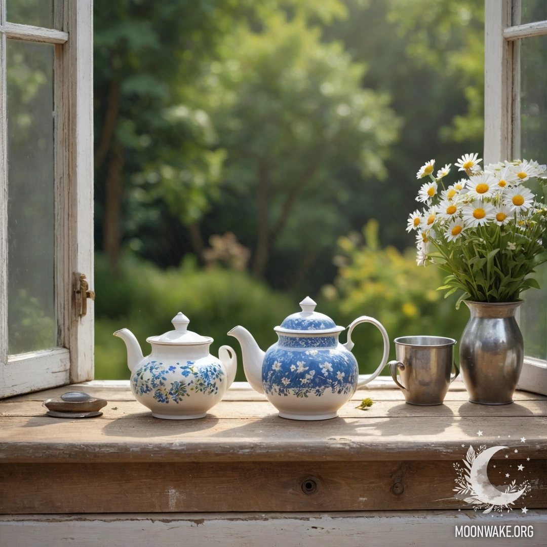 Металлический чайник с узорами, в котором находятся ромашки, на потрепанном деревянном подоконнике.