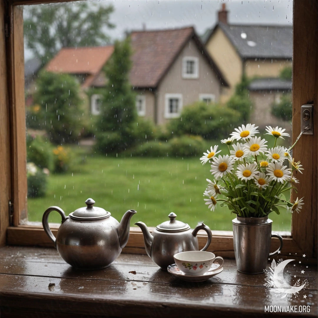 Фотореалистичное изображение металлического чайника с узорами и ромашками на потрепанном деревянном подоконнике, drenched дождём.