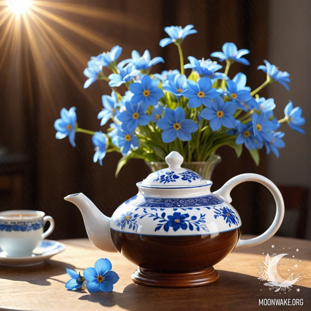 Круглый деревянный стол с фарфоровым чайником, наполненным голубыми цветами, освещённый мягкими солнечными лучами.