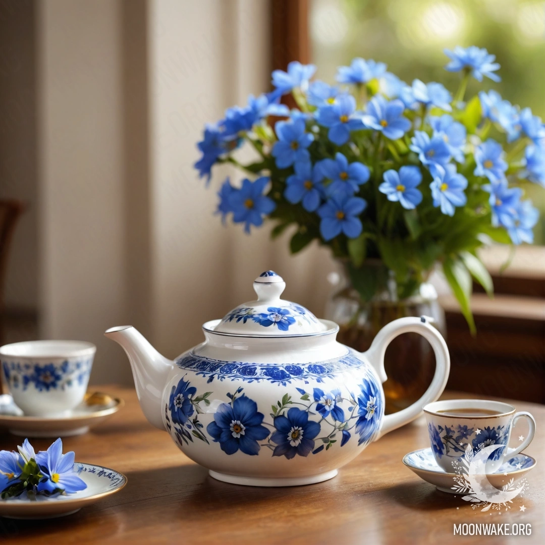Круглый деревянный стол с фарфоровым чайником, наполненным синими цветами.