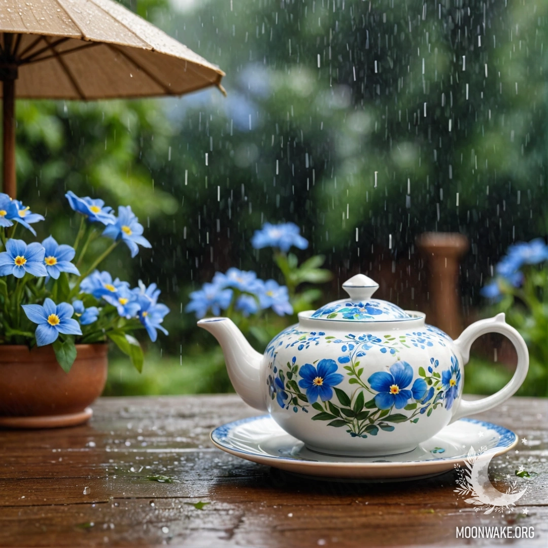 Круглый деревянный стол, на котором находится фарфоровый чайник, наполненный голубыми цветами под дождем.