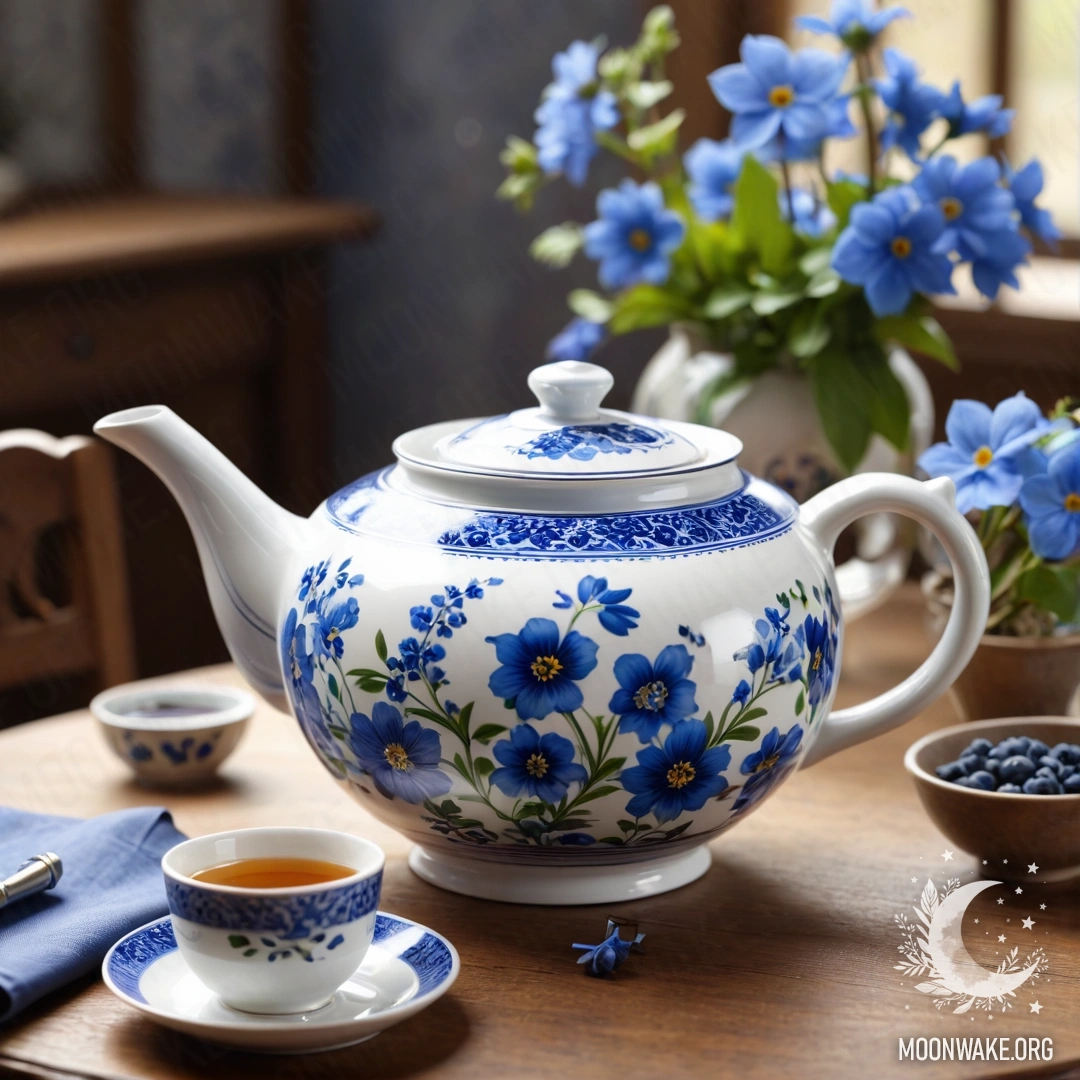 Фотореалистичное изображение круглого деревянного стола с фарфоровым чайником, полным синих цветов.