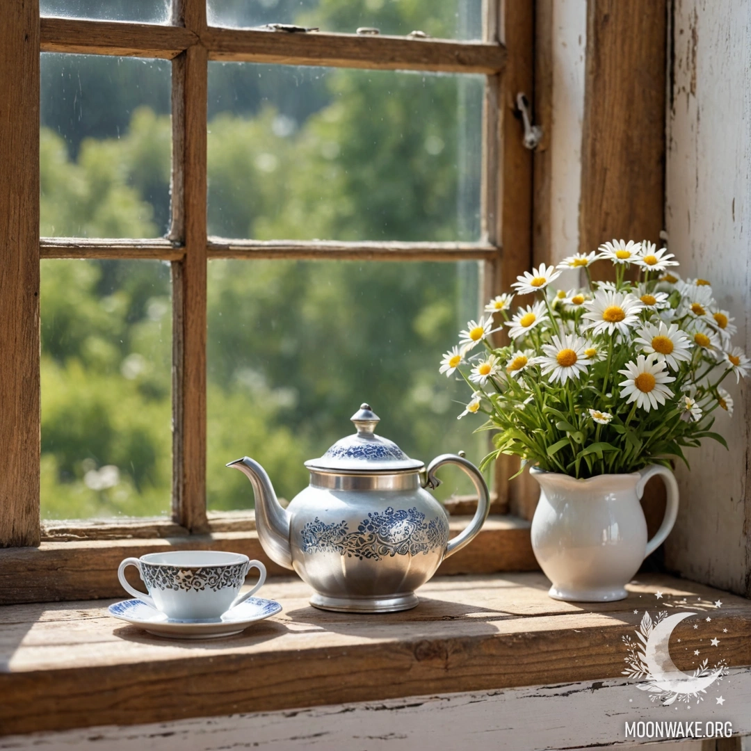 Нежный металлический чайник с узорами и ромашками, стоящий на шершавом деревянном подоконнике.