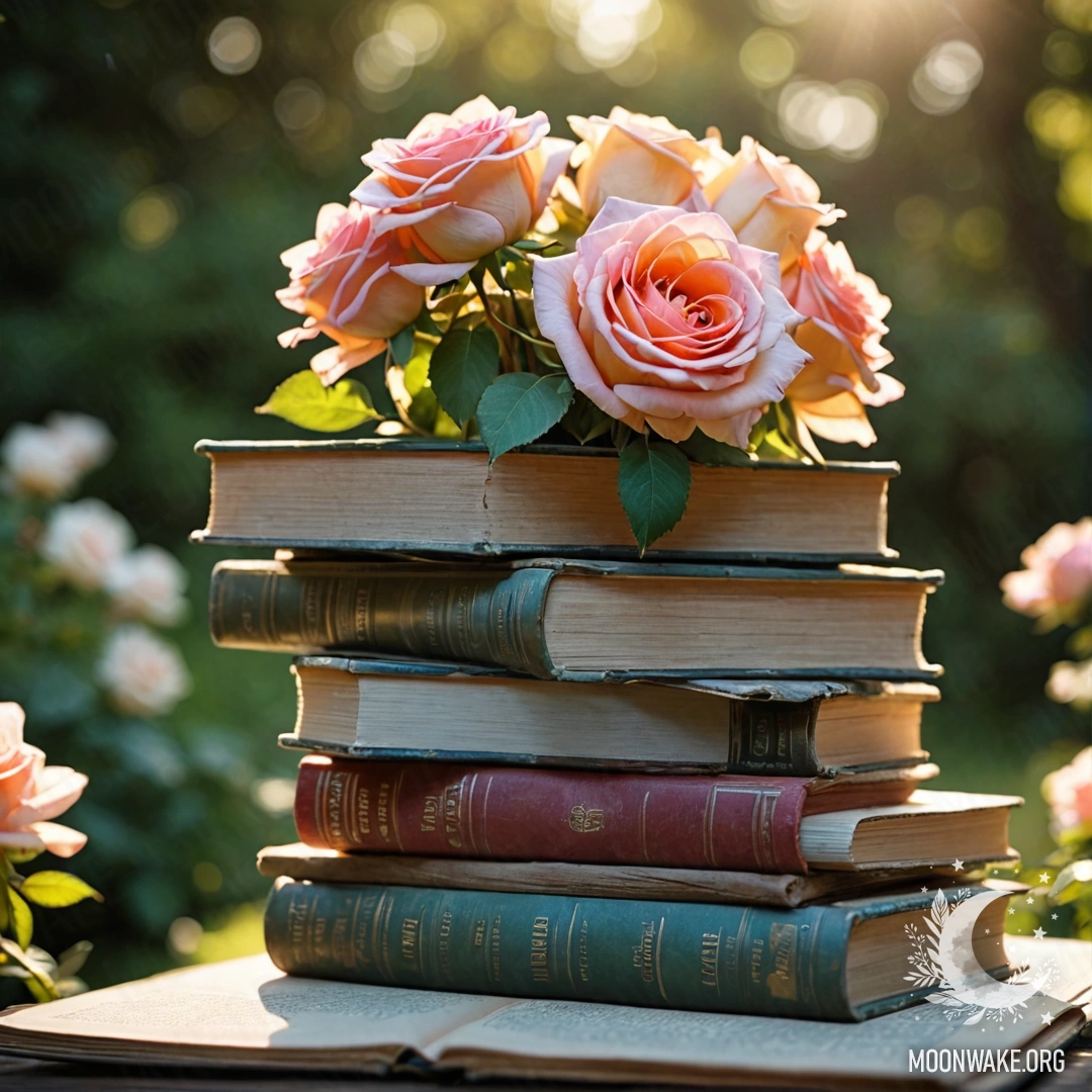 Стопка винтажных книг лежит в саду, сверху на ней букет роз.