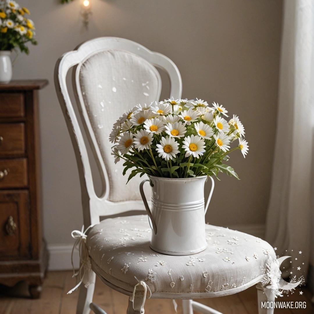 Крупный план винтажного стула с белой тканью, кружкой кофе и ромашками