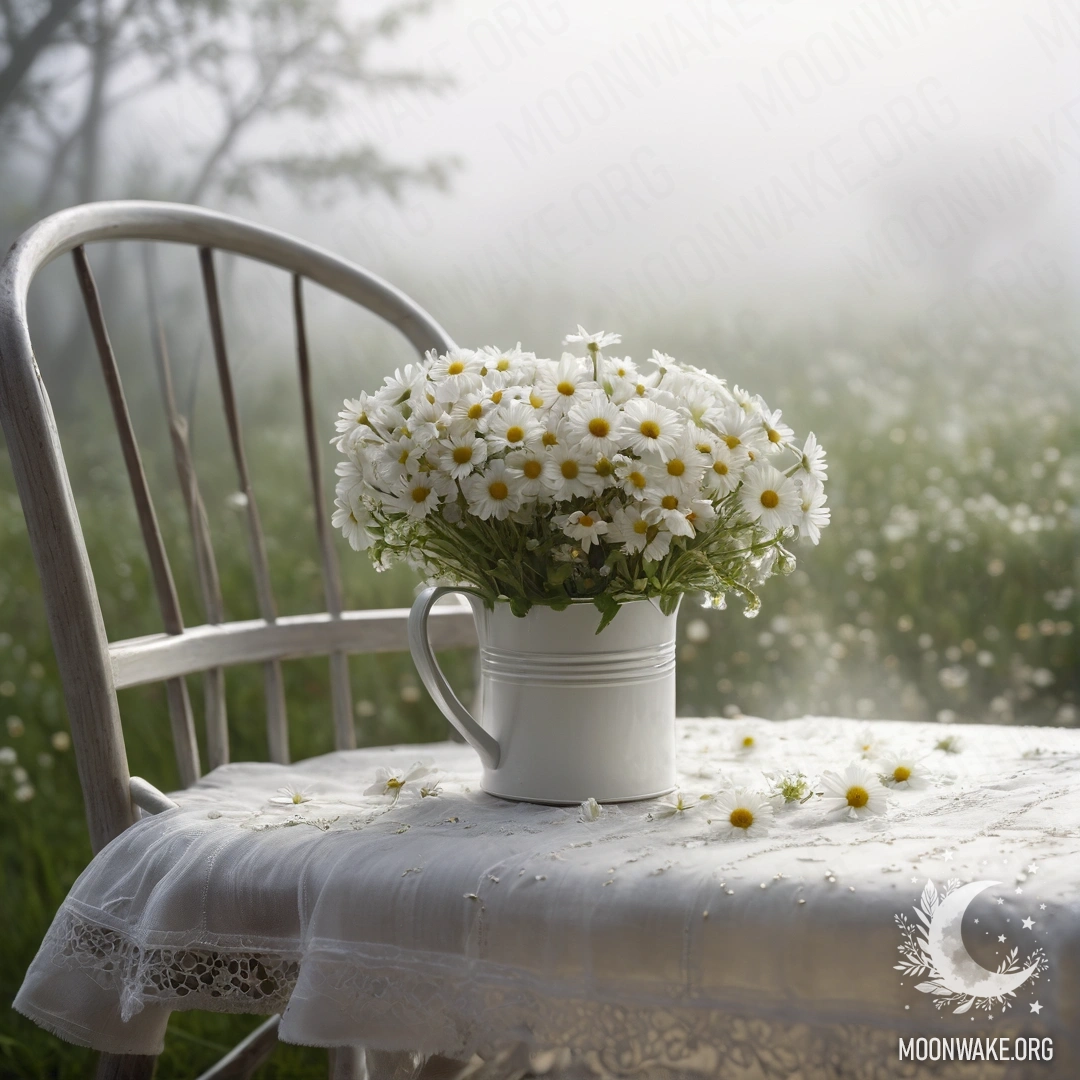 Крупный план старинного винтажного стула, покрытого белым тканевым материалом, с чашкой кофе и молочным ведром, полным ромашек, в густом тумане.