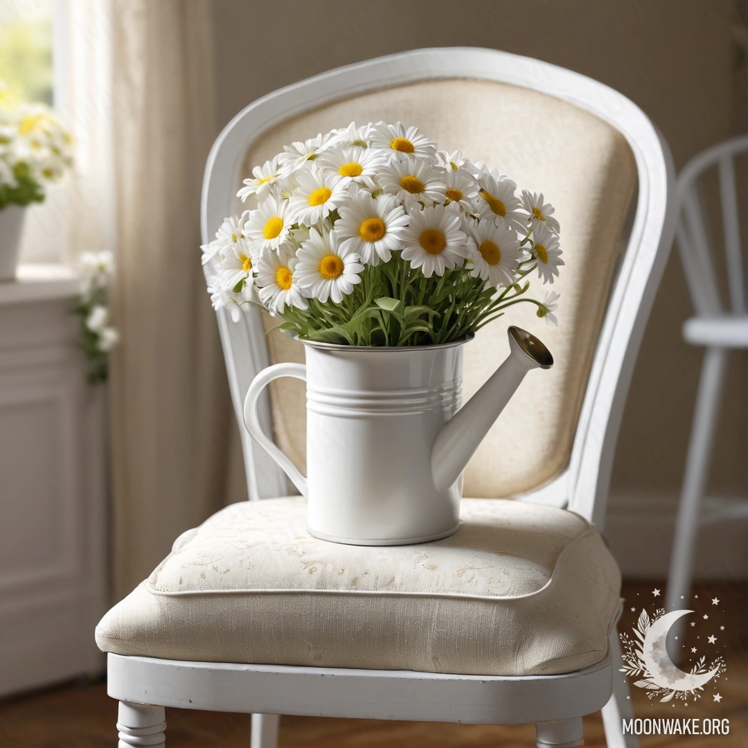 Крупный план милого винтажного стула, украшенного белой тканью, чашкой кофе и ведром с ромашками, освещенный солнечными лучами.