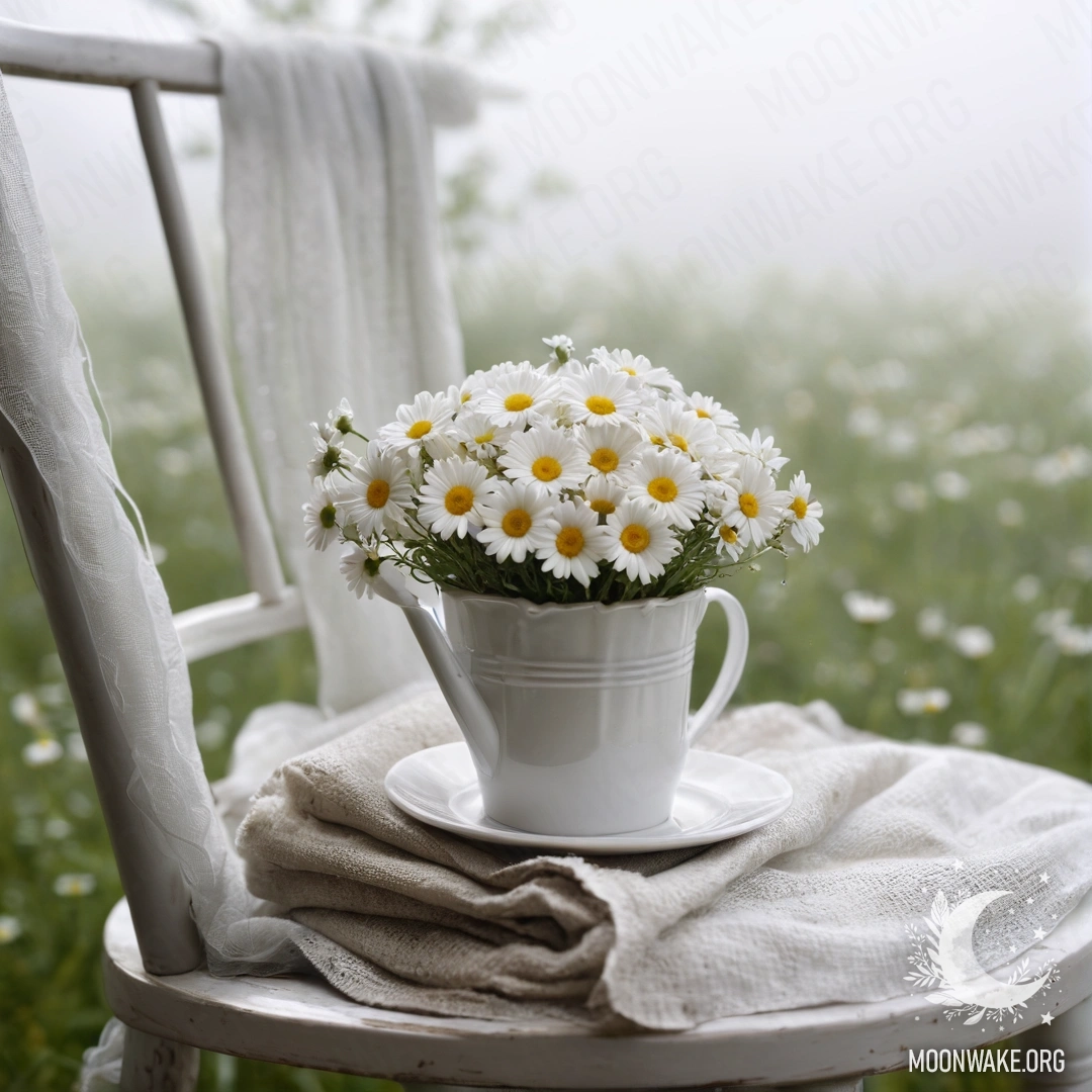 Крупный план винтажного стула с белой тканью, чашкой кофе и молочным ведром с ромашками в туманном окружении.