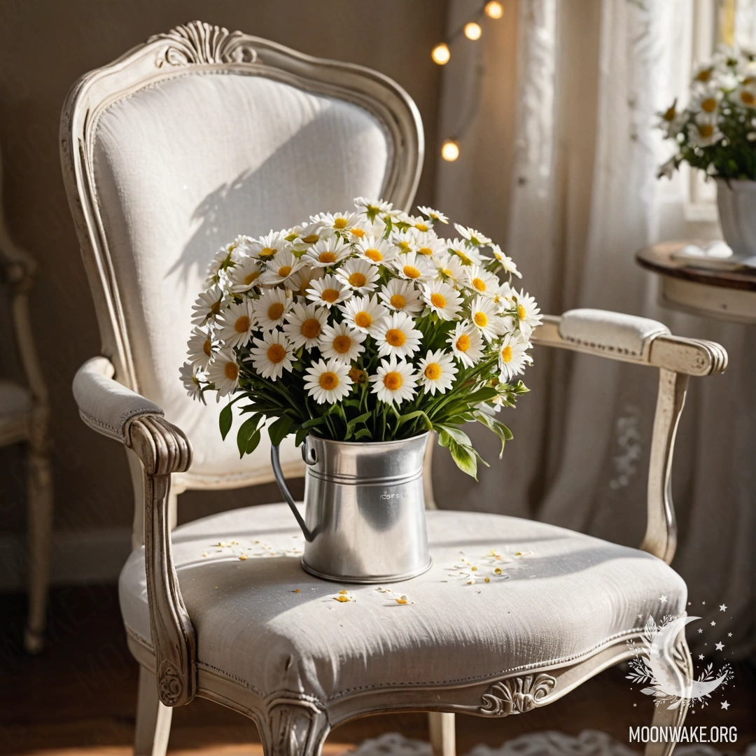 Крупный план винтажного стула, украшенного белой тканью, чашкой кофе и ведром с ромашками, окруженный теплыми гирляндами.
