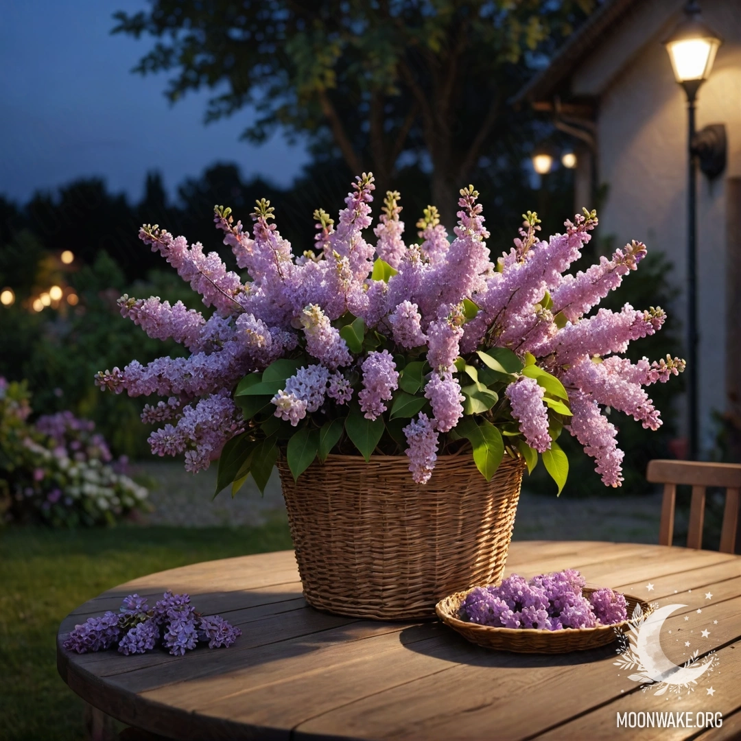 Фотореалистичное изображение винтажного деревянного стола с корзиной сирени в саду ночью.