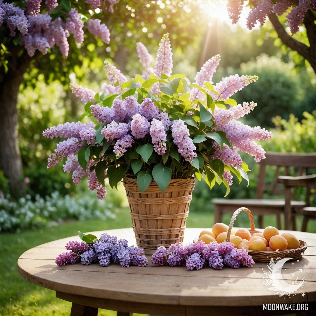 Винтажный деревянный стол с корзиной лилий в саду, освещенный гирляндами.