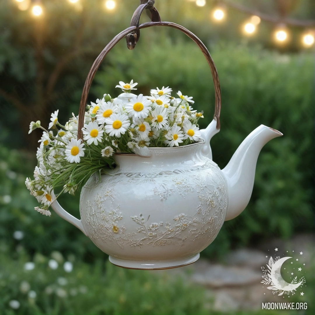 Винтажный чайник, висящий на крючке, заполненный ромашками