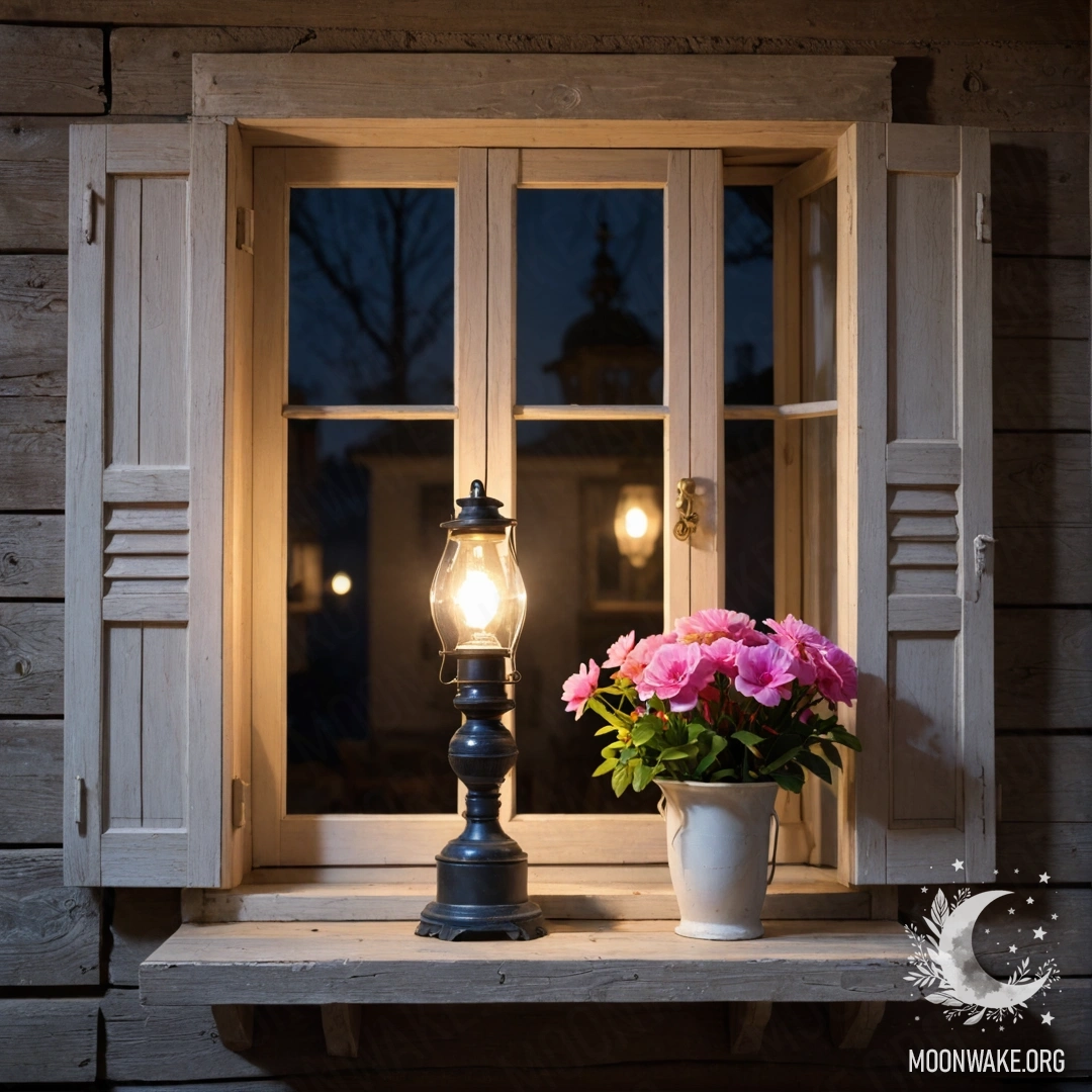 Старое деревянное окно с ставнями и керосиновой лампой, висящей над ним, обвито веткой с розовыми цветами, в ночном освещении.