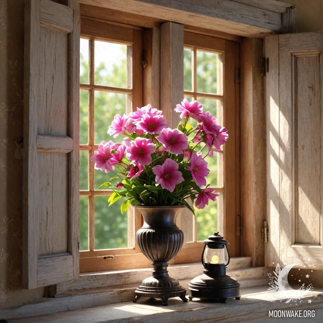 Старое деревянное окно с ставнями, керосиновая лампа над окном и ветвь с розовыми цветами, обвивающая окно, залитое солнечными лучами.