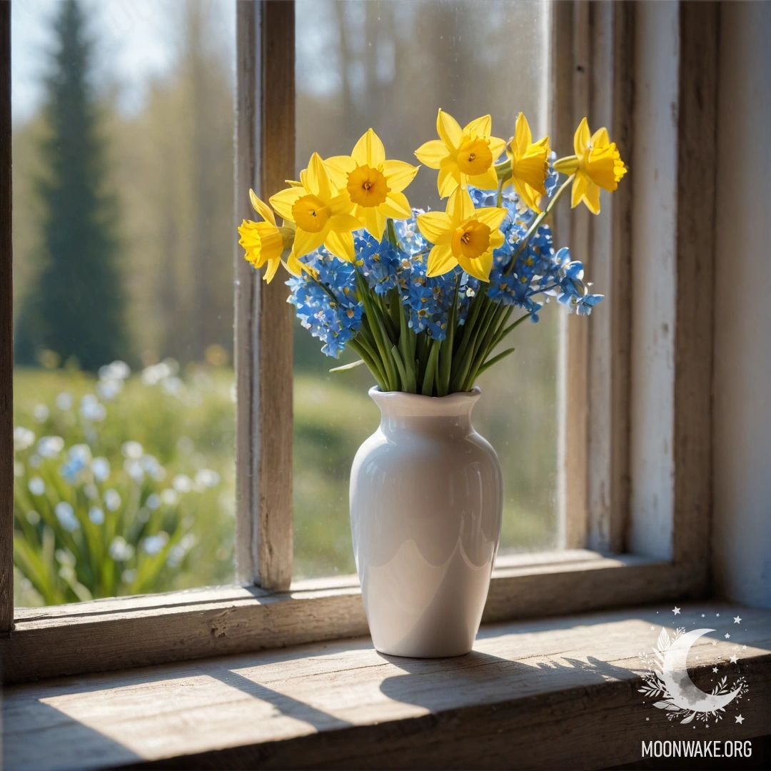 Старый обшарпанный деревянный подоконник, украшенный белоснежной фарфоровой вазой с нарциссами и незабудками.