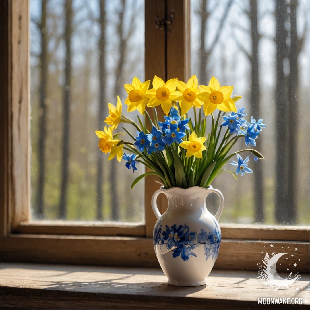 Старый деревянный подоконник, украшенный белой вазой и цветами.