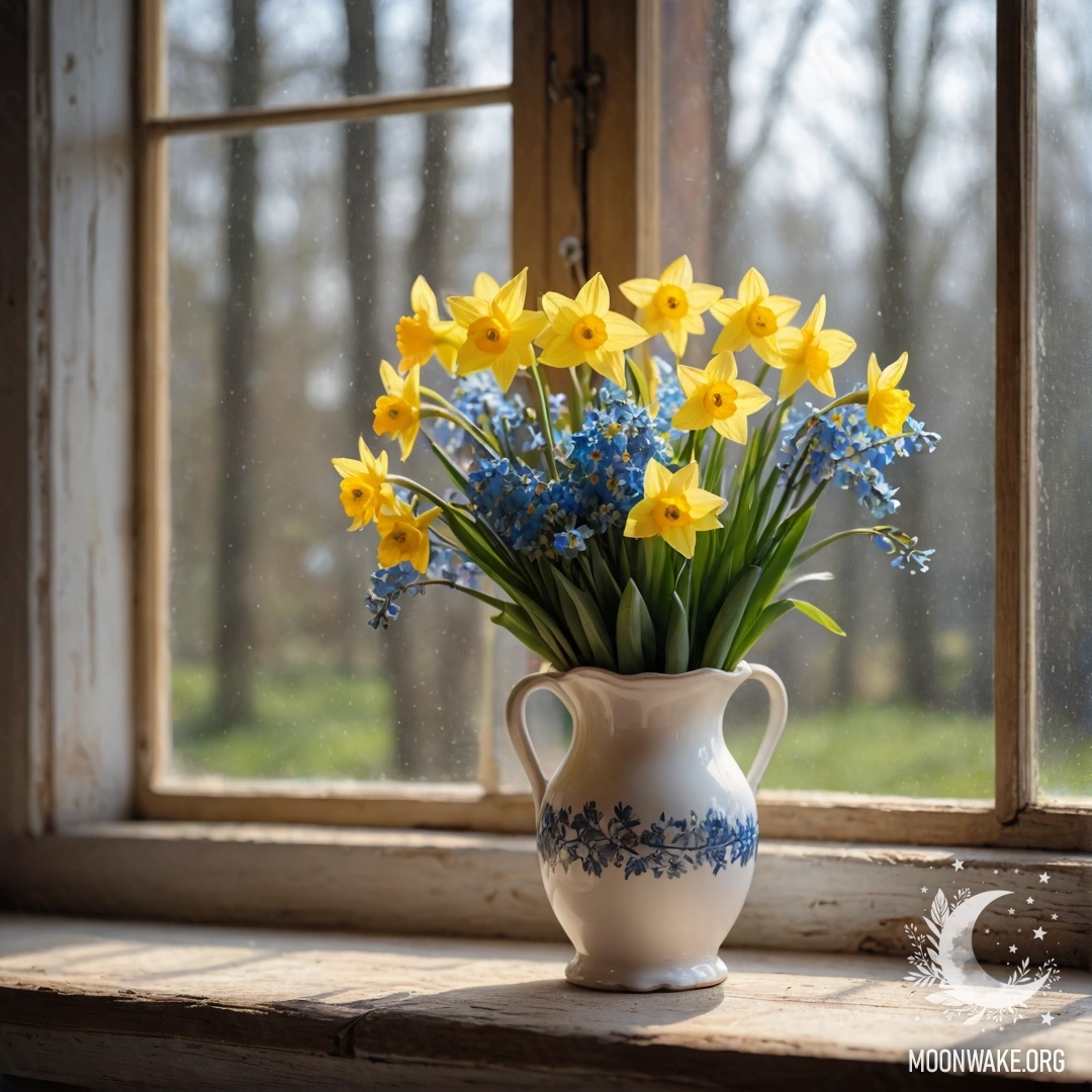 Старый потёртый деревянный подоконник, украшенный белой фарфоровой вазой с нарциссами и незабудками, освещённый гирляндой с огоньками.