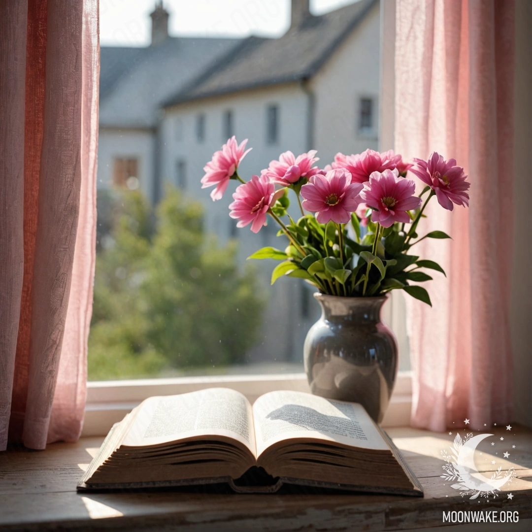 Фотореалистичное изображение деревянного подоконника с старой потрепанной книгой, серой вазой с розовыми цветами и розовой занавеской.