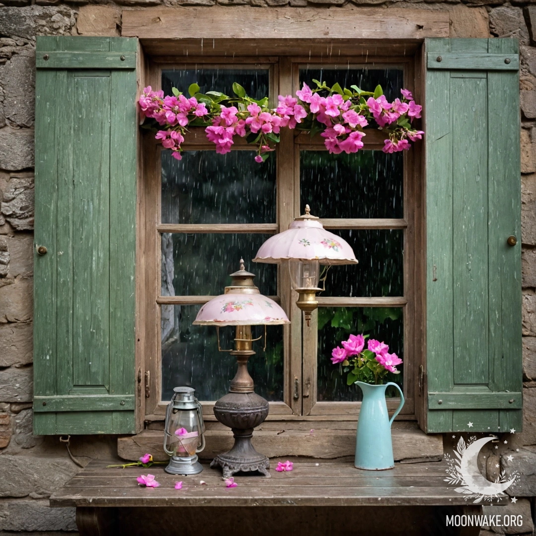Старомодно деревянное окно с ставнями, украшенное керосиновой лампой и розовыми цветами под дождем