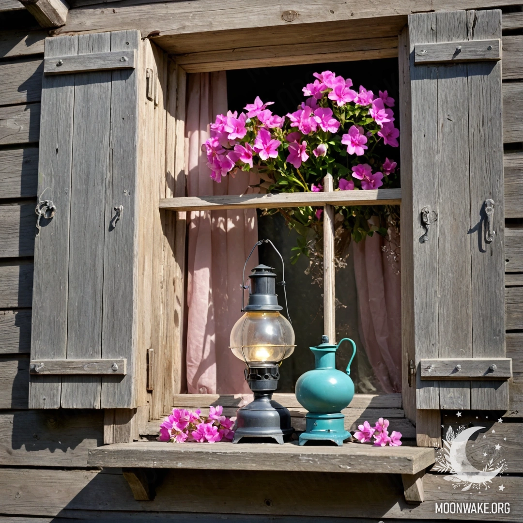 Старое деревянное окно, украшенное розовыми цветами и лампой на керосине сверху, озаренное солнечными лучами.