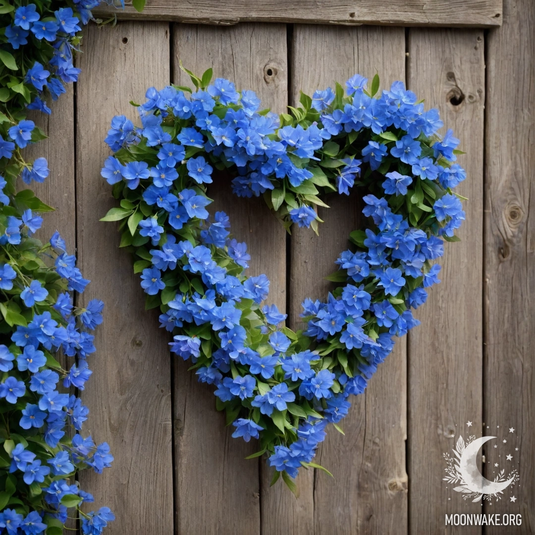 Крупный план старого деревянного забора, украшенного венком из синих цветов в форме сердца.