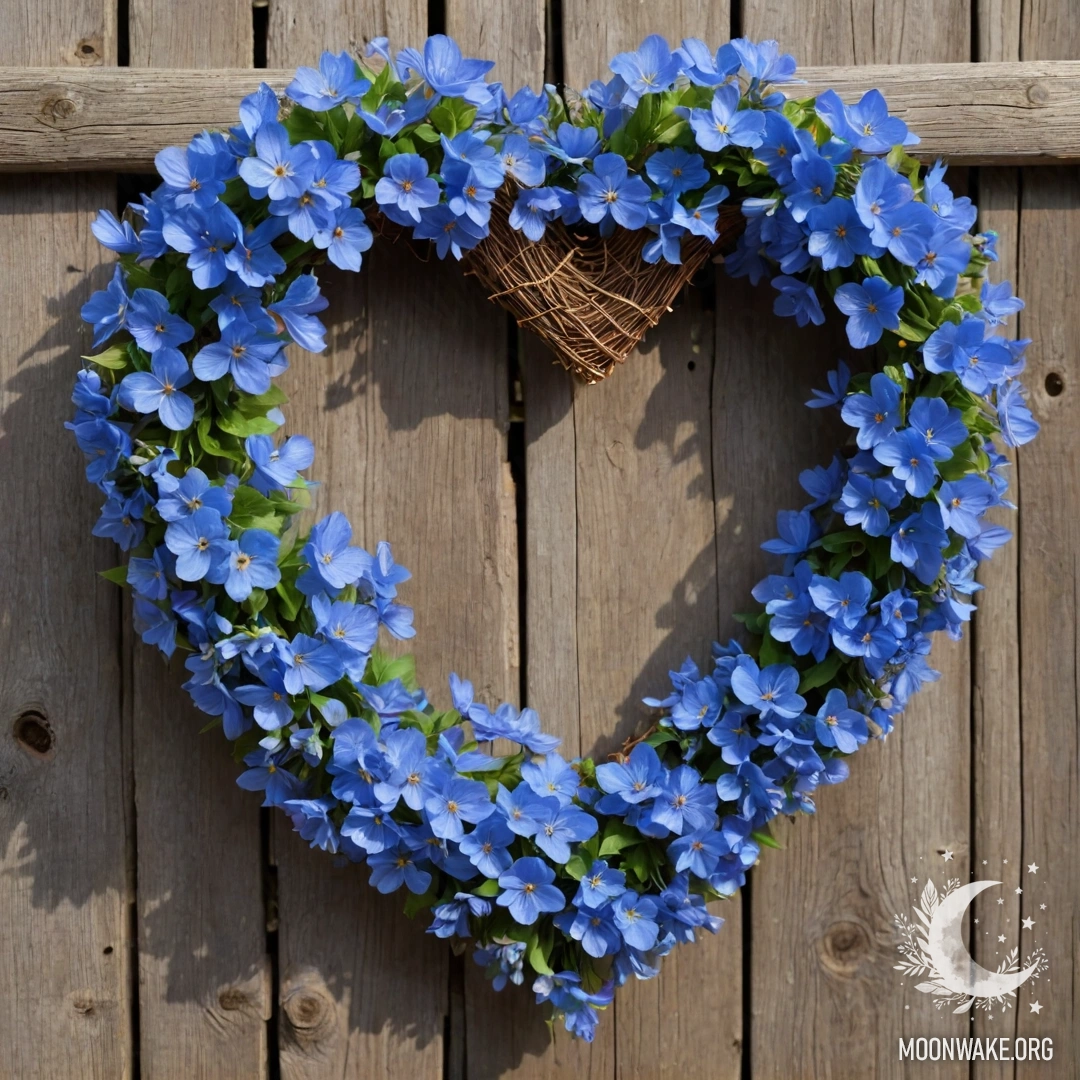 Крупный план старого деревянного забора, украшенного венком из голубых цветов в форме сердца.