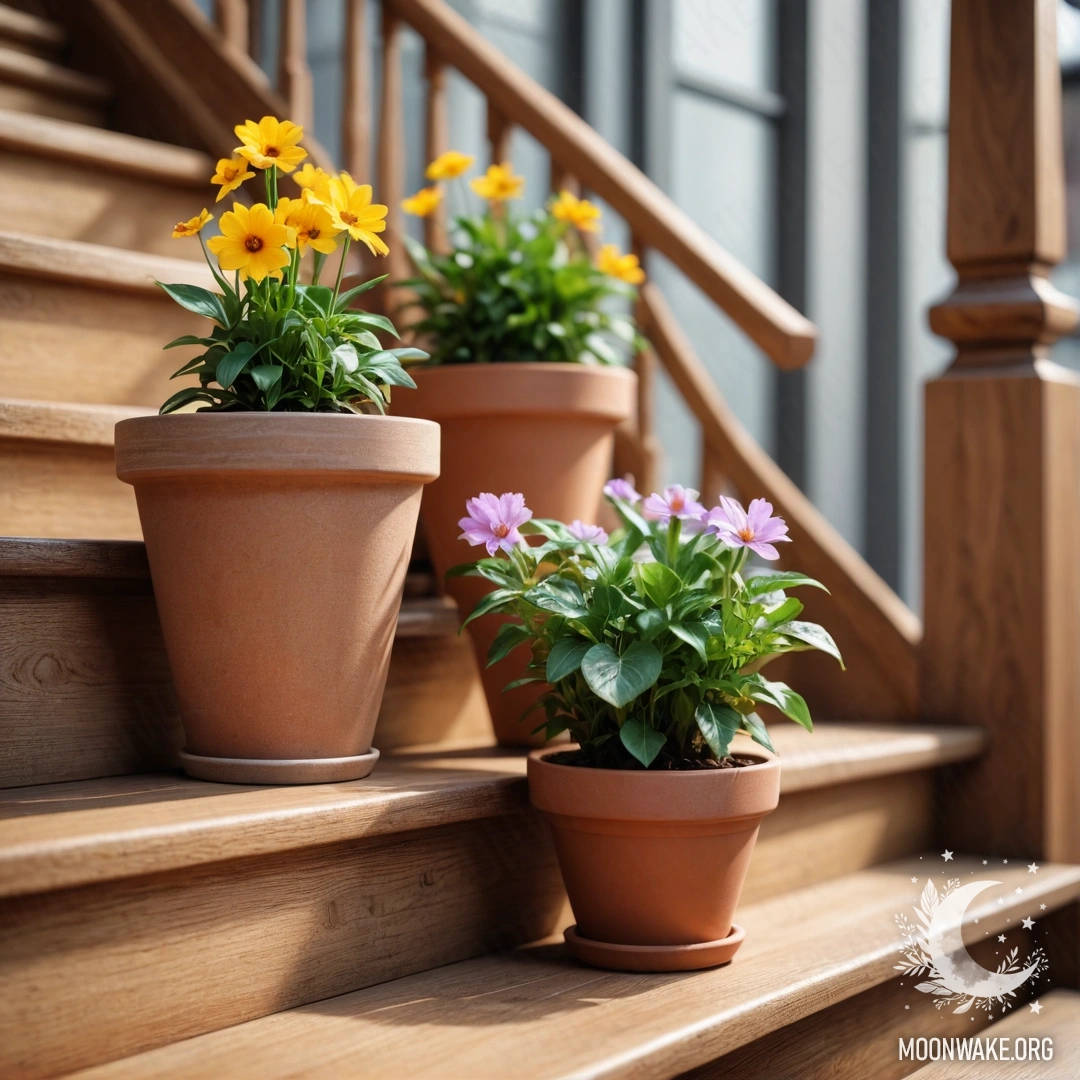 Уютный деревянный лестничный пролёт, украшенный цветочными горшками с лилиями.