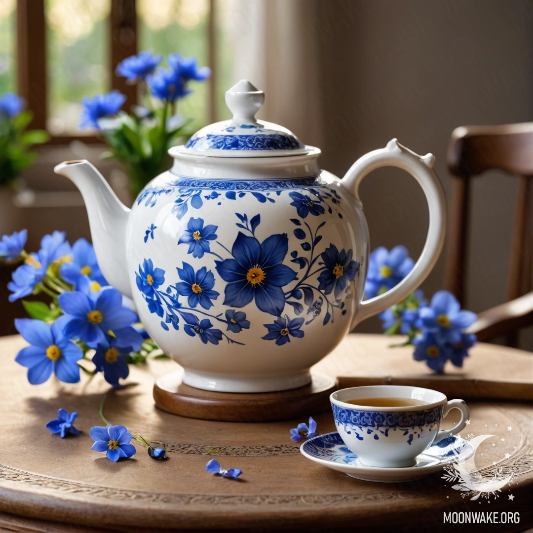 Круглый деревянный стол, украшенный фарфоровым чайником с голубыми цветами.